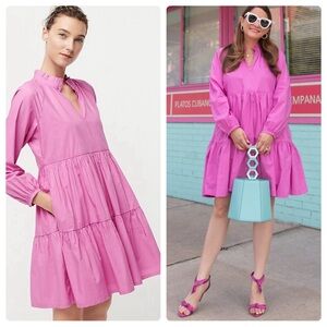 J. Crew Tiered Cotton Popover Dress in Pink Sz. MP Medium